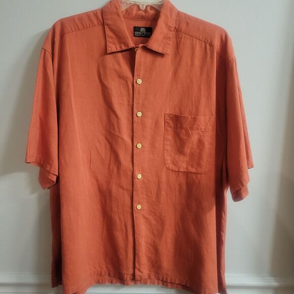 VTG 90s Structure Size Large Linen/Cotton Blend Shirt Short Sleeve Burnt Orange - Picture 2 of 9